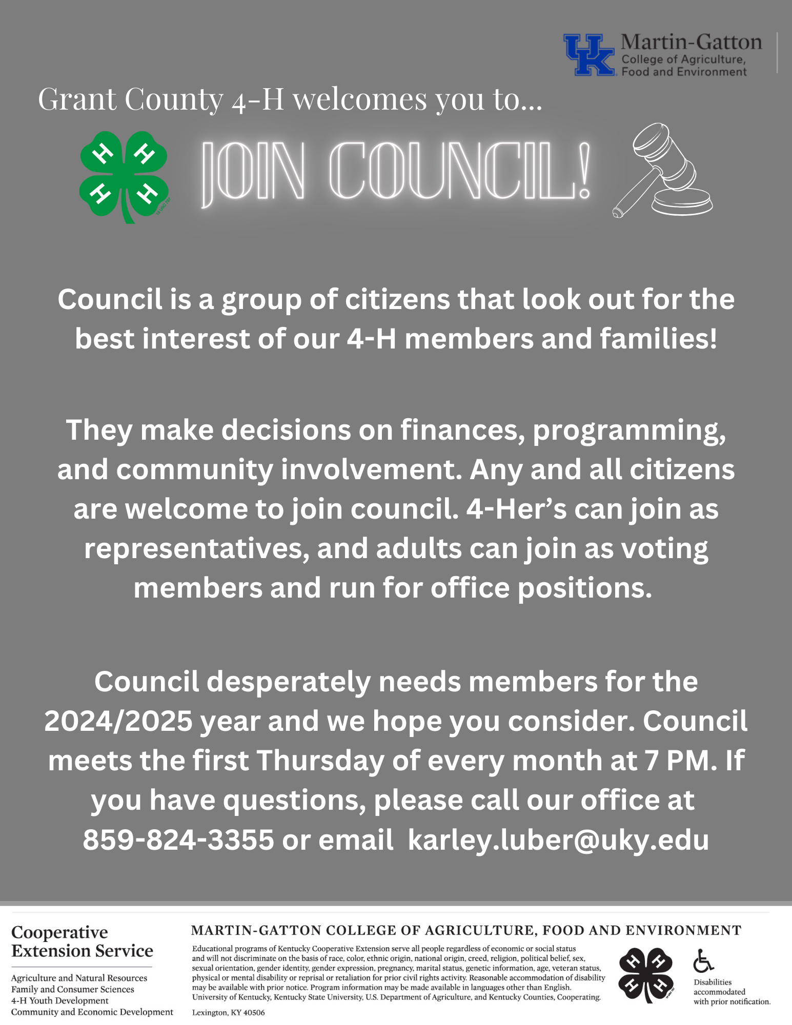 Grant County 4-H Council is a group of citizens that look out for the best interest of our 4-H members and families